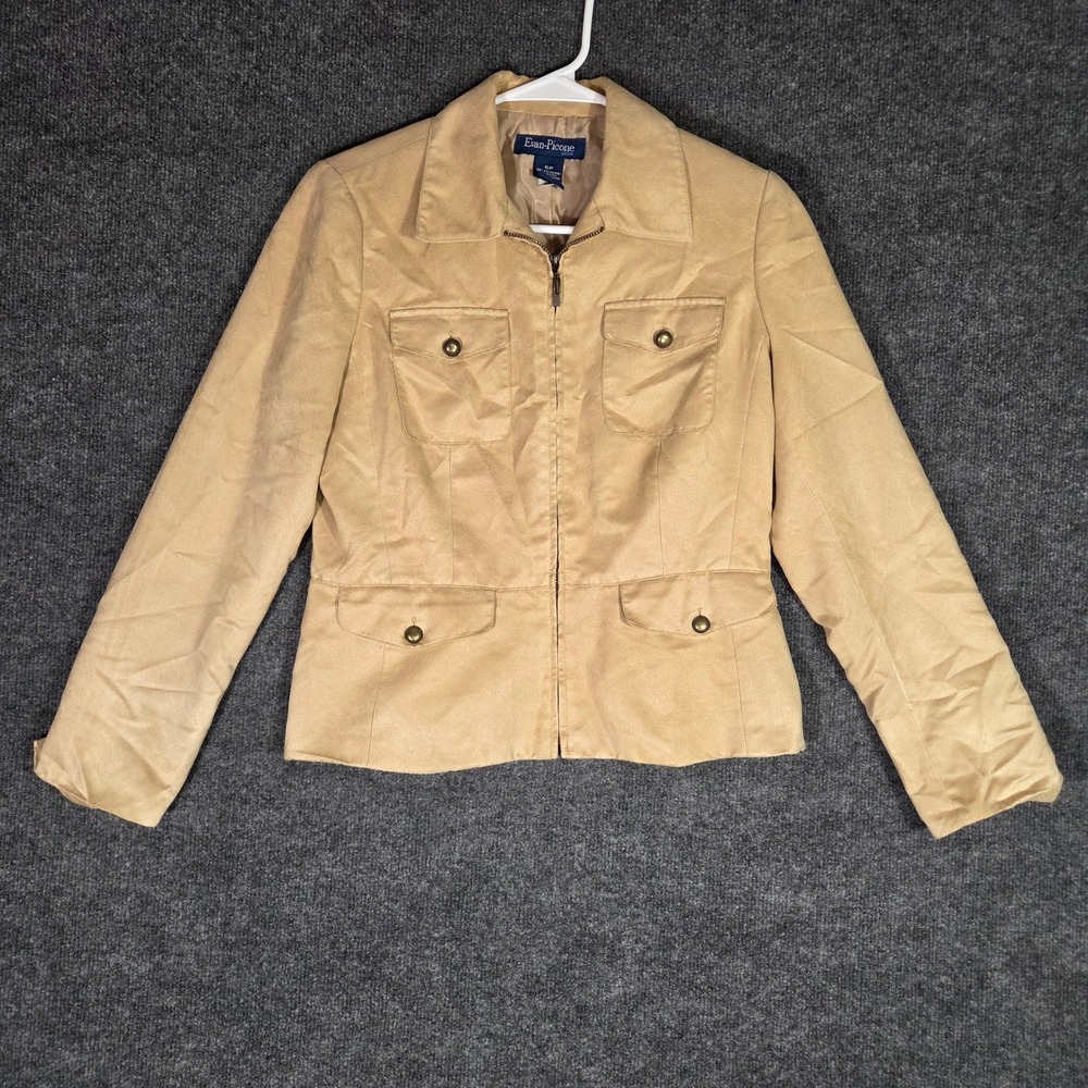 Evan-Picone Petite Tan faux Suede Jacket Womens 6P Full Zip Utility Pockets Tan